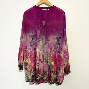 Soft Surroundings Harmonia Tunic Magenta Floral Blouse Semi Sheer Large